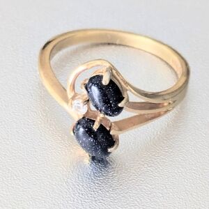 Vintage 18K GE Blue Goldstone Bypass Ring - Patented Design - Size 7 Toi et Moi